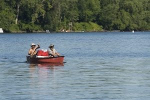 two people on a boat in a lake