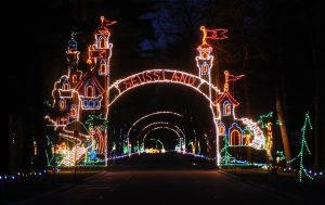 A decorated walkway lit up by Christmas lights in Springfield